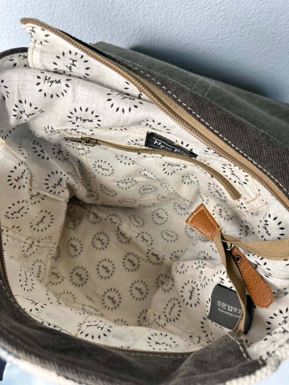 Myra Bag Tooled Leather Canvas Backpack Brown White Gray Embossed Floral - Picture 7 of 11